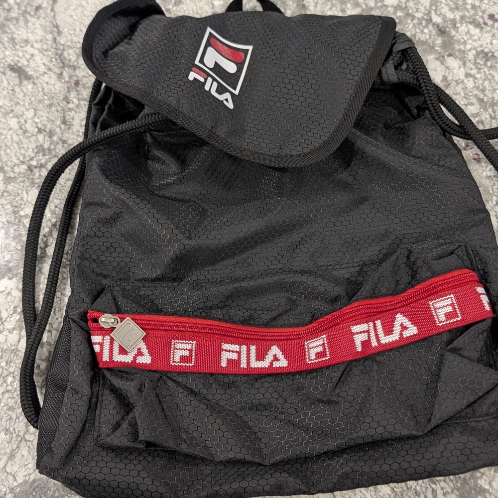 Fila Black Drawstring Backpack with Red Logo Tape
